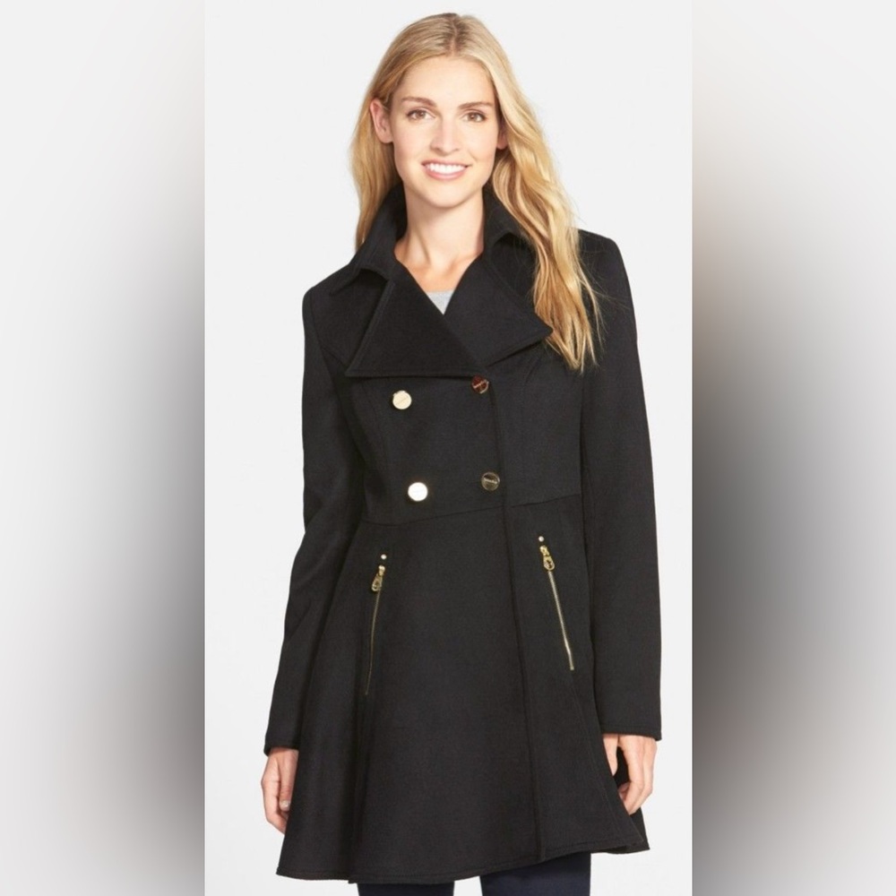 Laundry By Shelli Segal Black Pea Coat with Gold Accents
